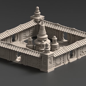 Puede incluir: Un modelo impreso en 3D de un patio amurallado con una torre central y varias torres más pequeñas. Las paredes están decoradas con intrincados patrones y tienen aberturas que parecen ventanas o puertas. El modelo está hecho de un material gris claro.