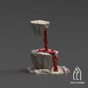 Puede incluir: Un líquido rojo se vierte desde una formación rocosa gris sobre otra formación rocosa gris. Las rocas son texturizadas y parecen estar hechas de piedra. El líquido es espeso y viscoso, y parece fluir lentamente. El fondo es de un gris liso.