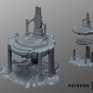 May include: A 3D printed model of a stone platform with a central pillar and surrounding columns. The platform has a circular design with a raised center and a series of steps leading up to the pillar. The pillar is tall and slender, with a square base and a pointed top. The columns are shorter and thicker, with rounded tops. The model is painted in a light gray color, giving it a weathered and ancient look.