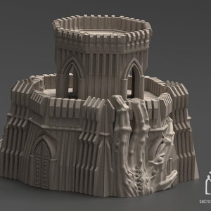 Puede incluir: Una torre en miniatura impresa en 3D hecha de piedra con una mano esquelética que emerge de la base. La torre tiene una parte superior con almenas y un techo puntiagudo. La torre es un edificio de temática fantástica.