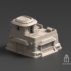 Puede incluir: Un modelo impreso en 3D de un edificio futurista con un techo plano, una ventana circular en la parte superior y una fachada detallada. El edificio está hecho de un material gris claro y tiene una superficie texturizada.