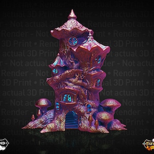 Puede incluir: Una casa de árbol en miniatura, intrincadamente detallada, de varios niveles con un diseño caprichoso y de cuento de hadas. La casa del árbol está pintada en tonos de rosa, morado y dorado, con una superficie texturizada similar a la corteza. La casa del árbol tiene una pequeña puerta arqueada y varias ventanas. La base de la casa del árbol está rodeada de hongos.