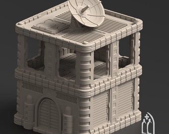 May include: A gray, modular, 3D printed building with a satellite dish on top. The building has a door and windows, and is designed for use in tabletop games.