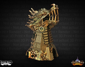 May include: A gold-coloured, detailed, mechanical dragon head sculpture with a textured surface. The sculpture is a tabletop piece and has a gear-like design on the neck. The sculpture is part of the Fates End Dice Towers collection.