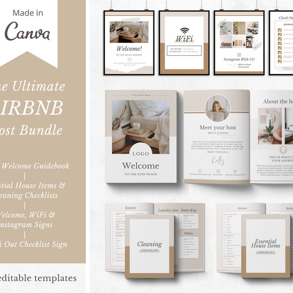 Le modèle ultime de groupe d'hôtes Airbnb fabriqué sur Canva | Guide de bienvenue | Articles essentiels de la maison et listes de contrôle de nettoyage | Enseignes imprimables