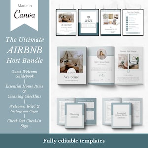 May include: A digital template bundle for Airbnb hosts, featuring a welcome guidebook, cleaning checklists, essential house items checklist, and welcome, WiFi, and Instagram signs. The templates are fully editable and feature a light blue and white color scheme.