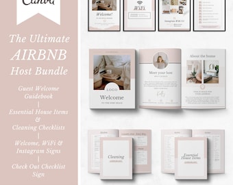 The Ultimate Airbnb Host Bundle Template made in Canva | Welcome Guidebook | Essential House Items & Cleaning Checklists | Printable Signs