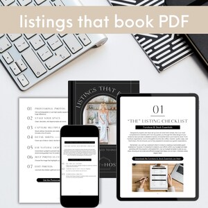 May include: A flat lay arrangement with a keyboard, a notebook with a monochrome pattern, a smartphone, a tablet, and a book. The book and tablet show listing checklists. The text "listings that book PDF" is at the top.