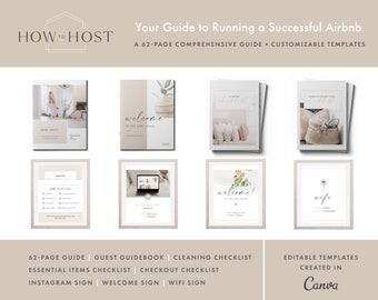 May include: A digital guide for running a successful Airbnb business. The guide includes 62 pages of information, customisable templates, and editable signs for welcome, wifi, and Instagram. The guide is created in Canva.