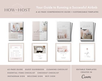May include: A digital guide for running a successful Airbnb business. The guide includes a 62-page guide, guest guidebook, cleaning checklist, essential items checklist, checkout checklist, and customizable templates for Instagram, welcome, and wifi signs. The templates are created in Canva.