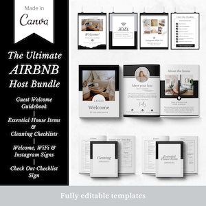 The Ultimate Airbnb Host Bundle Template made in Canva | Welcome Guidebook | Essential House Items & Cleaning Checklists | Printable Signs