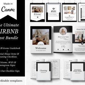 The Ultimate Airbnb Host Bundle Template made in Canva | Welcome Guidebook | Essential House Items & Cleaning Checklists | Printable Signs