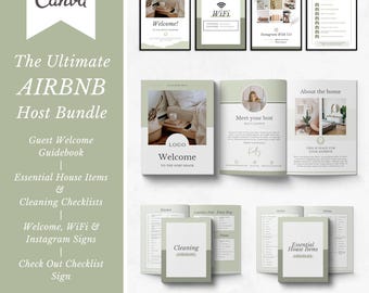 The Ultimate Airbnb Host Bundle Template made in Canva | Welcome Guidebook | Essential House Items & Cleaning Checklists | Printable Signs