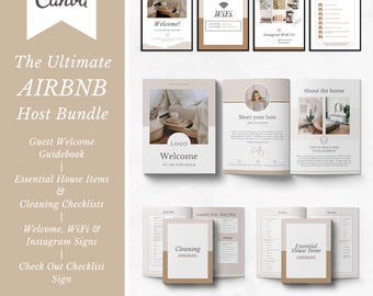 The Ultimate Airbnb Host Bundle Template made in Canva | Welcome Guidebook | Essential House Items & Cleaning Checklists | Printable Signs