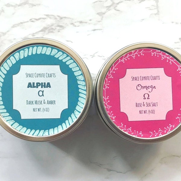 Alpha & Omega Set // 4 oz Soy Candle - Fandom Theme Candle - Omegaverse Candle - Geek Gift - Nerdy Gifts - Soy Candle Tin - Fanfic Candle
