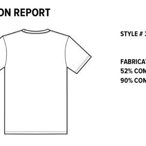 May include: A technical drawing of a unisex jersey tee shirt, showing front and back views. The text "MEASUREMENT SPECIFICATION REPORT" is at the top. The style number is 3001CVC. Fabrication details include 52% combed cotton, 48% polyester and 90% combed cotton, 10% polyester.