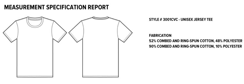 May include: A technical drawing of a unisex jersey tee shirt, showing front and back views. The text "MEASUREMENT SPECIFICATION REPORT" is at the top. The style number is 3001CVC. Fabrication details include 52% combed cotton, 48% polyester and 90% combed cotton, 10% polyester.