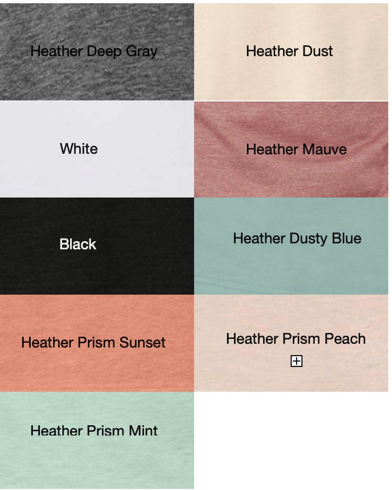 May include: A color palette showcasing various fabric swatches. Colors include Heather Deep Gray, White, Black, Heather Prism Sunset, and Heather Prism Mint. Other colors are Heather Dust, Heather Mauve, Heather Dusty Blue, and Heather Prism Peach.
