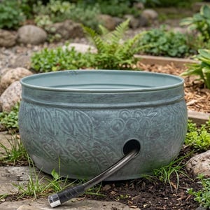 May include: A round, sage green metal garden hose storage pot with a distressed finish and embossed leaf and vine patterns. The container features a circular opening on the side, through which a flexible silver metal hose is threaded.