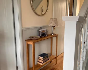 Handcrafted Narrow Oak Console Table – Minimalist Scandinavian Slim Modern Sofa Table with Shelf