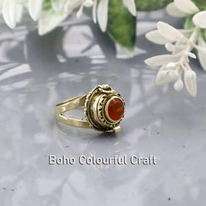 Brass Orange Gemstone Poison Box Ring – Vintage Hidden Compartment Locket Ring – Gothic Boho Secret Stash Jewelry for Men & Women