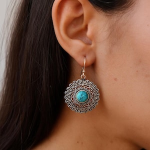 Bohemian Dangle Earrings with Turquoise Stone, Vintage Silver Mandala Drop Earrings, Ethnic Boho Statement Jewelry for Women