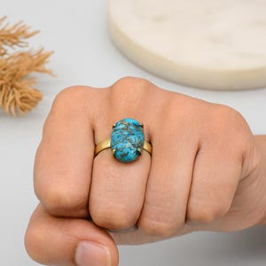 Bold Brass Ring with Oval Turquoise Gemstone, gemstone ring, boho ring, promise ring, gift for her,  brass ring, gold statement Ring