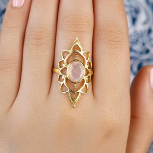 Elegant Brass Ring with Rose Quartz Gemstone , dainty ring, promise ring, gift for her, anniversary Gift, brass Ring, gold statement Ring