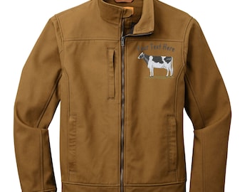 Holstein Farm Name, Custom Embroidery Soft Shell Jacket Duck Brown, Black, Gray           Interested in Back Embroidery?   Message Aunt LuLu