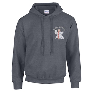 May include: A dark heather gray hooded sweatshirt with a white embroidered image of a dog and the text "Custom Lettering" on the front.