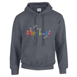 May include: A dark heather gray hooded sweatshirt featuring a front kangaroo pocket, long sleeves, and a drawstring hood. The word Obedience is embroidered in a rainbow gradient across the chest, surrounded by small gray embroidered paw prints.