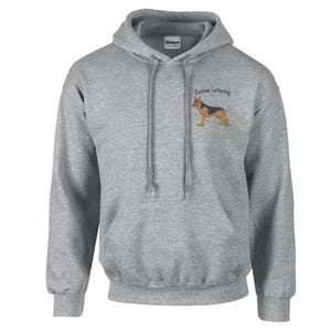 May include: A gray hooded sweatshirt with a German Shepherd dog embroidered on the front. The text "Custom Lettering" is above the dog.