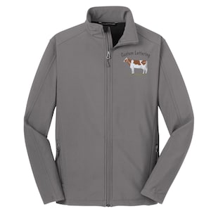Ayrshire Dairy Cow Farm Ranch Cattle Co. Name Custom Embroidery Soft Shell Jackets Family Farm Logoed Apparel-Back Embroidery Available