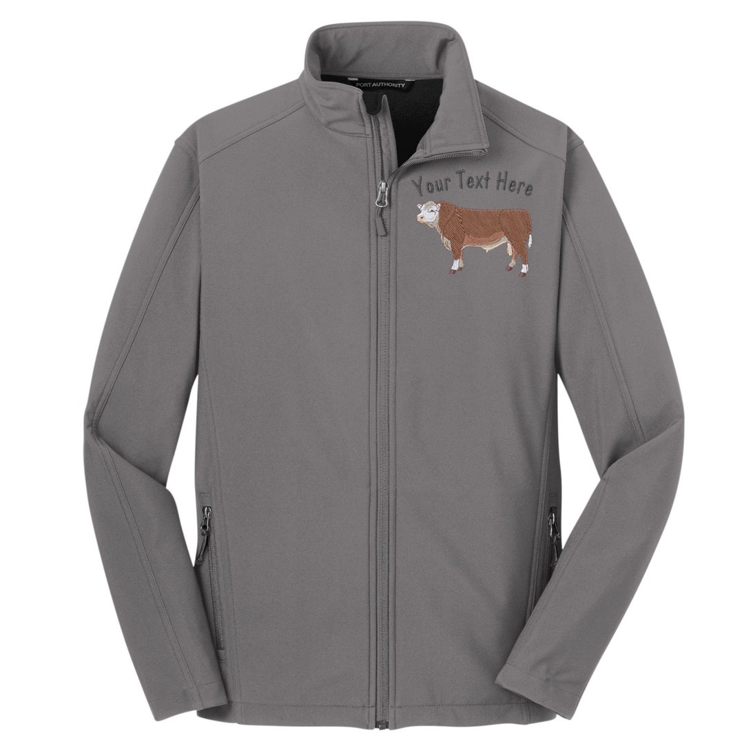 Hereford Farm Name Custom Embroidery Duck Brown or Black Soft Shell Jacket, Interested in Back