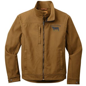 May include: A brown jacket with a full-length front zipper, a stand-up collar, and long sleeves with buttoned cuffs. The chest features a small embroidered graphic of a dark bull with the text Custom Lettering positioned above the animal.