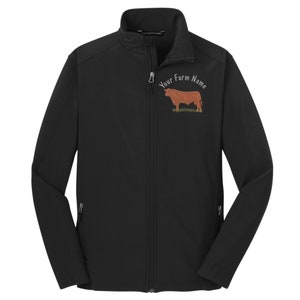 May include: Black softshell jacket with a zipper closure and two zippered pockets. The jacket has an embroidered design of a brown bull with the text "Your Farm Name" above it.