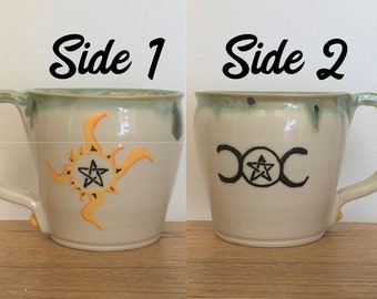 Double sided mug, Pentagram Sun, and, Triple Goddess Moon Mug, hand thrown pottery, large mug, 20 fl oz.