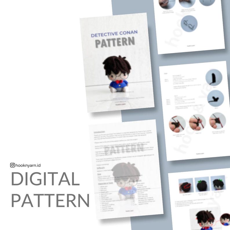 May include: Digital crochet pattern for a Detective Conan amigurumi doll. The pattern includes instructions for making the doll's head, body, arms, legs, and glasses. The pattern is written in English and includes color photos.