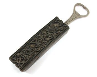 Vintage Style Vintage Wood Block Stamp Bottle Opener Hand Carved Textile Print Block Wooden Handle Iron Opener