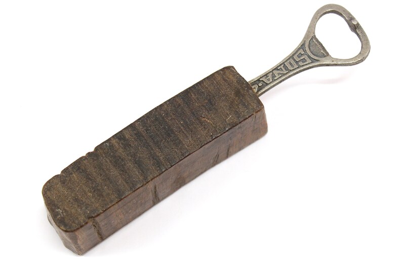 Vintage Style Vintage Wood Block Stamp Bottle Opener Hand Carved Textile Print Block Wooden Handle Iron Opener