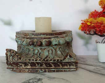 Hand Carved Antique Wooden Column Pillar Base Candle Stand Holder Original Old Fine