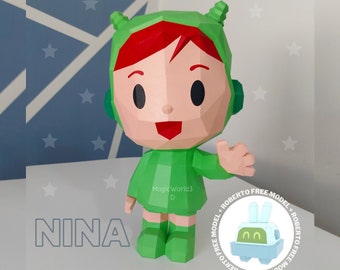 Nina Papercraft + Roberto FREE, PDF Template, DIY, Printable, Pattern, 3D Nina Pocoyo, Paper Sculpture, Low poly, Pocoyo.