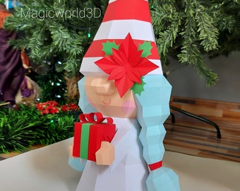 Dama Gnomo, Gnomo papercraft, decoración del hogar, navidad, low poly, decoración navideña, feliz navidad, detalle, regalo de navidad.