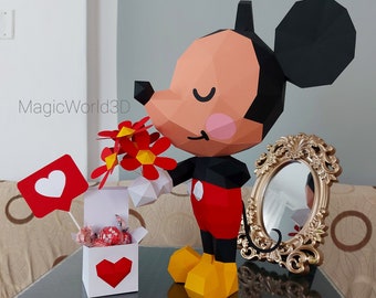 Mickey Mouse Amor, San Valentín, Papercraft, Plantillas, DIY, Low poly, Amor, Escultura.