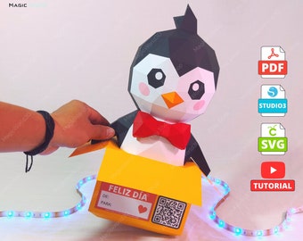 Plantilla de caja de pingüino para manualidades de papel, escultura DIY de baja poligonización (PDF, SVG, Studio3)