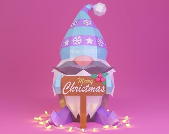 Christmas Gnome Papercraft Template, Low Poly DIY Sculpture (PDF, SVG, Studio3)