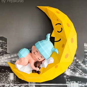 Papercraft Baby schläft auf dem Mond,DIY, PDF Vorlage,DXF,Silhouette,Süsses Baby, Papierskulptur,Baby Low Poly,Babyparty,Papercraft Baby.