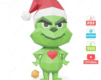 Plantilla del Pequeño Grinch, escultura DIY de baja poligonización (PDF, SVG, Studio3)