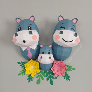 Flusspferd Familie Papiervorlage, Low Poly DIY Skulptur (PDF, SVG, Studio3)