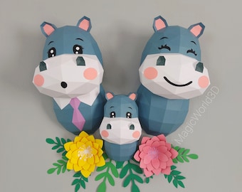 Hippo Family Papercraft, Paper Craft, Plantilla Digital, Origami, DIY, Low Poly, modelo de pared, Escultura, Modelo 3D, Hippo papercraft.